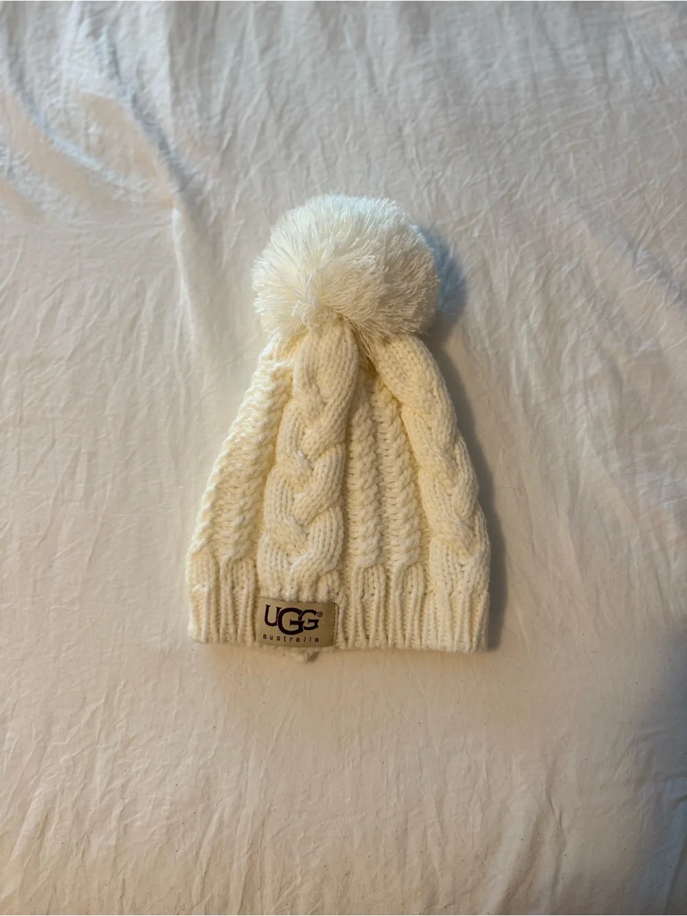 UGG Kids White Cable Knit Pom Beanie